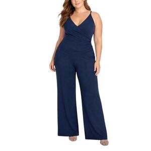 Dress the Population Sam Sleeveless Ruched Wide Leg Jumpsuit Navy Blue Size XXL